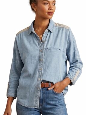 7 For All Mankind Embroidered Denim Shirt Light Wash Oversized Boho Top - Medium